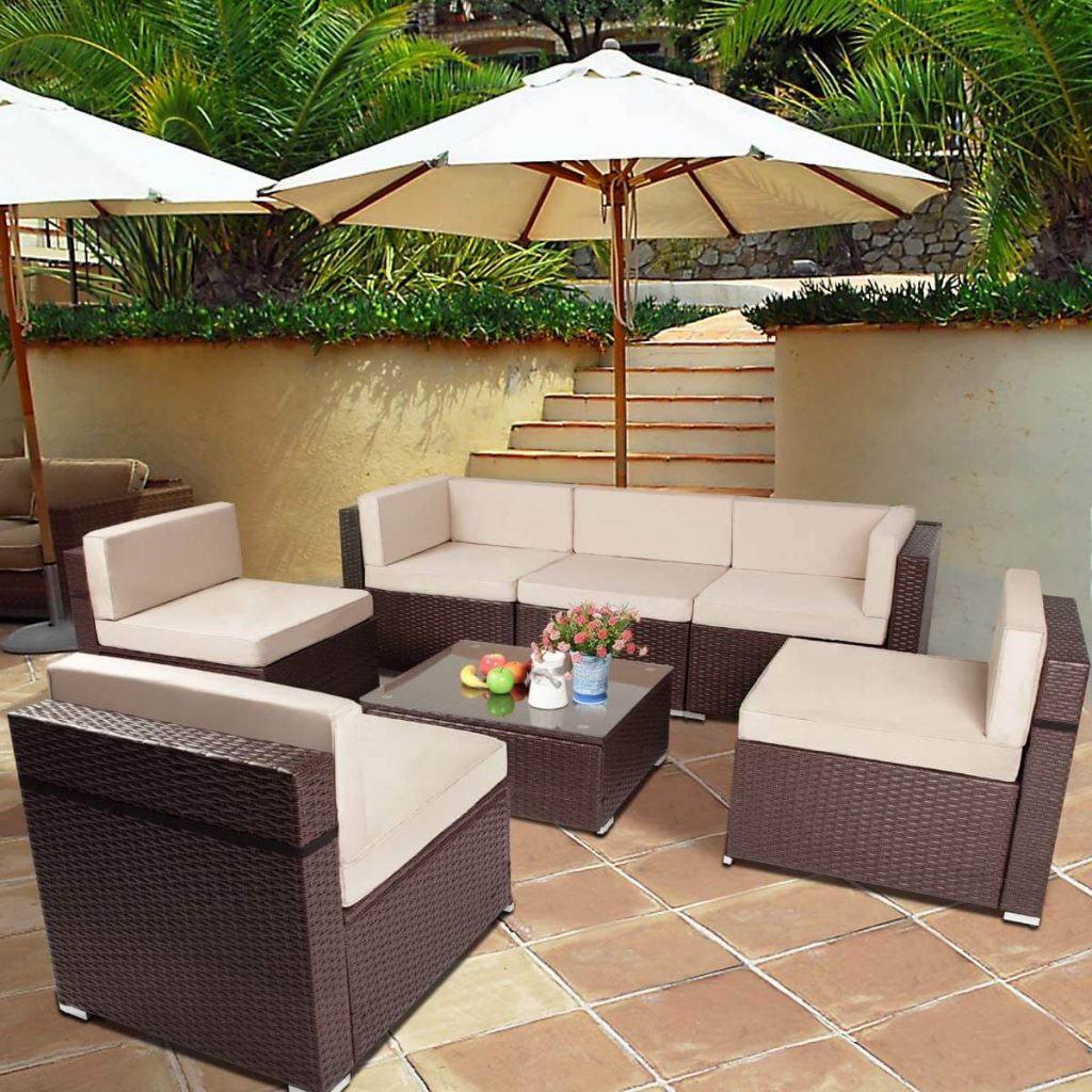 7 Piece Sectional Outdoor Rattan Sofa Set in brown or black