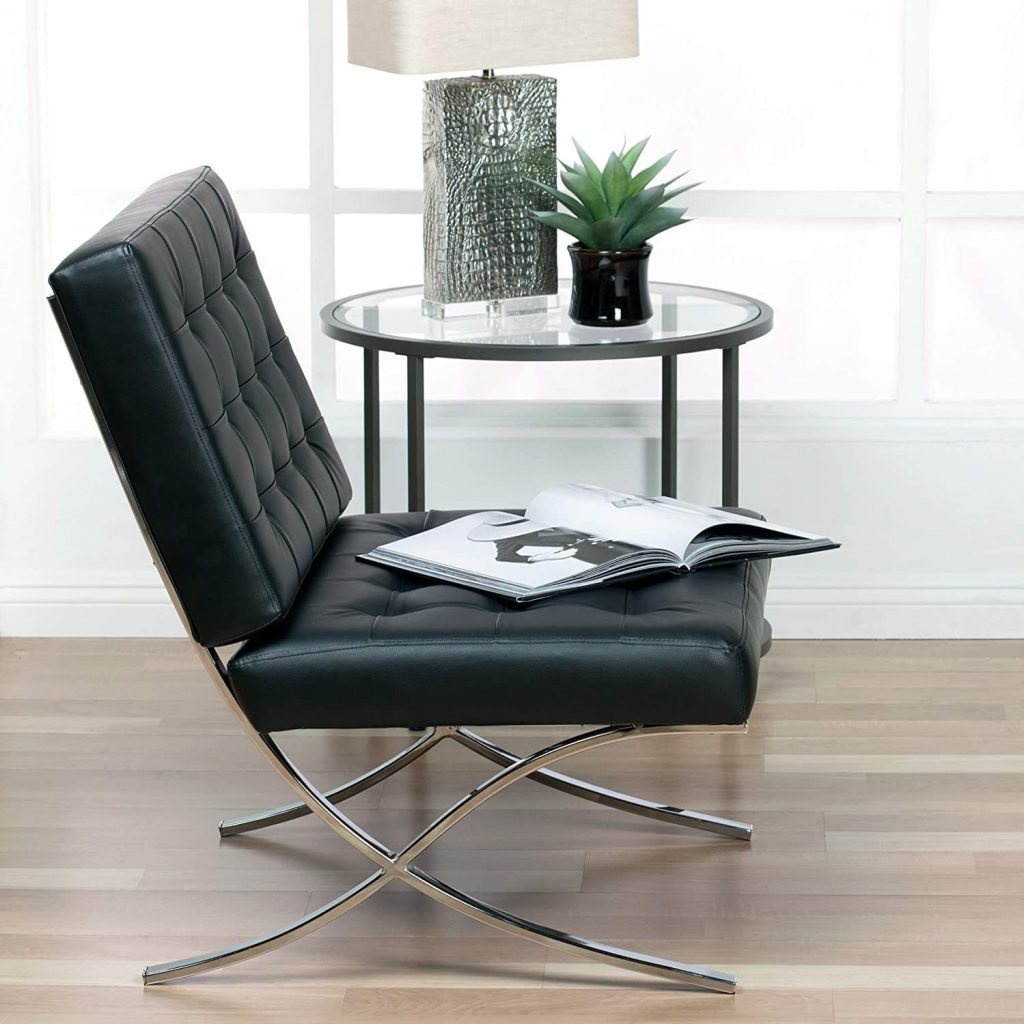 black tufted leather armless accent chair