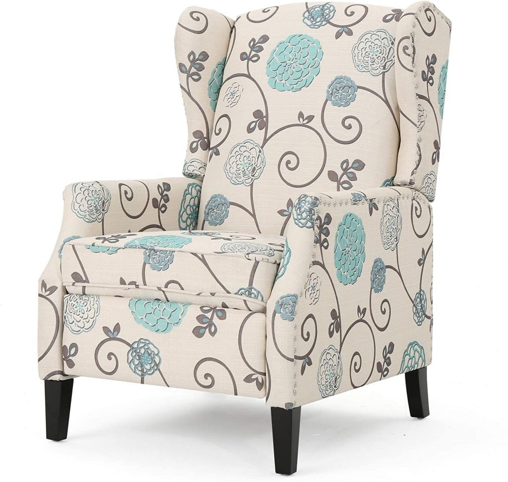 westeros traditional wingback fabric recliner chair (white & blue floral)