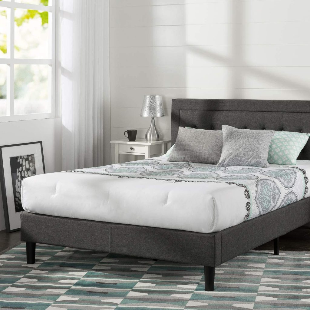 zinus upholstered button tufted platform bed with wooden slats