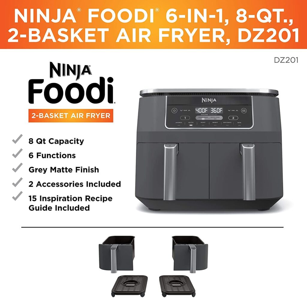Ninja DZ201 Foodi 6-in-1 2-Basket Air Fryer with DualZone Technology, 8-Quart Capacity