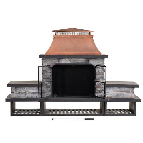 Sunjoy 48in Copper & Black Steel Outdoor Wood Burning Fireplace with Chimney 