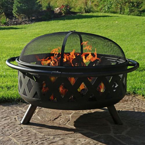 36 Inch Diameter Black Cross-Weave Wood-Burning Fire Pit Bowl with Cover
