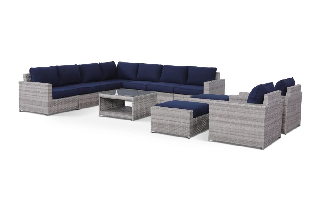 Kensington 12 Piece Large Modern Outdoor Sectional Set (Navy Blue Cushions)