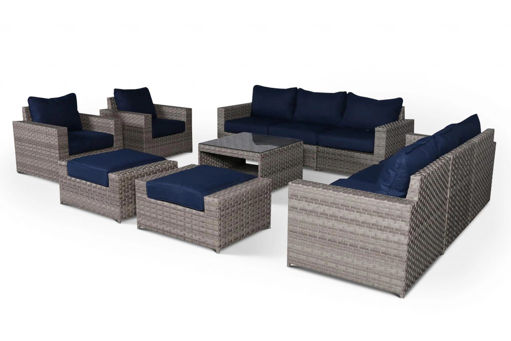 Kensington Navy 11 Piece Large Outdoor Rattan Sofa Set (Navy Blue Cushions)