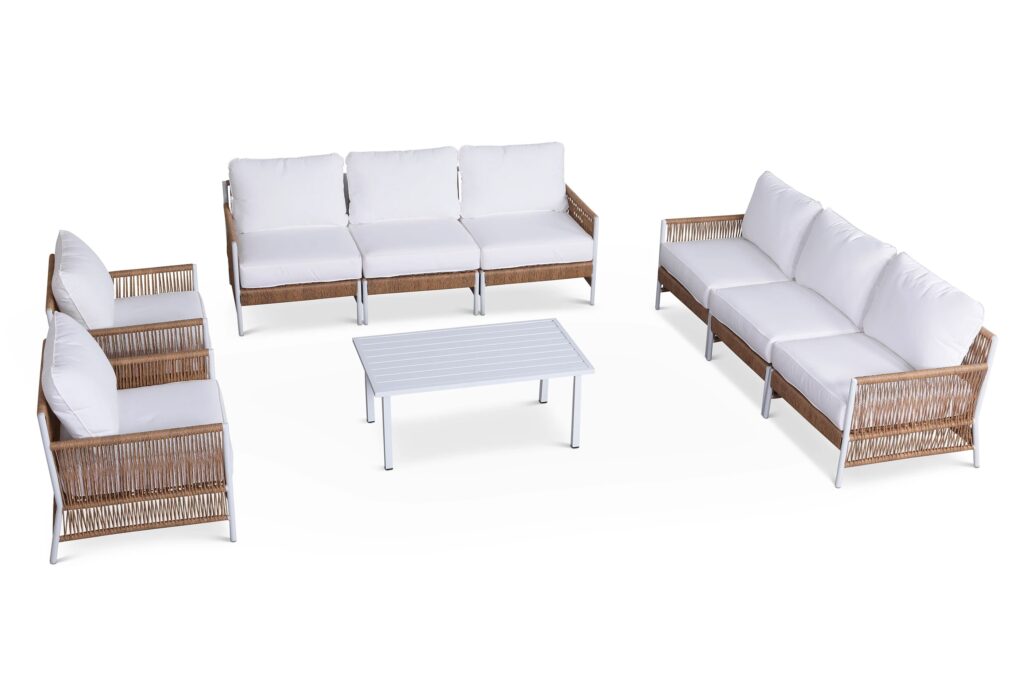 Olivia Ivory 9 Piece Outdoor Sofa Furniture Set - Roped Wicker Conversational Sofa Set
