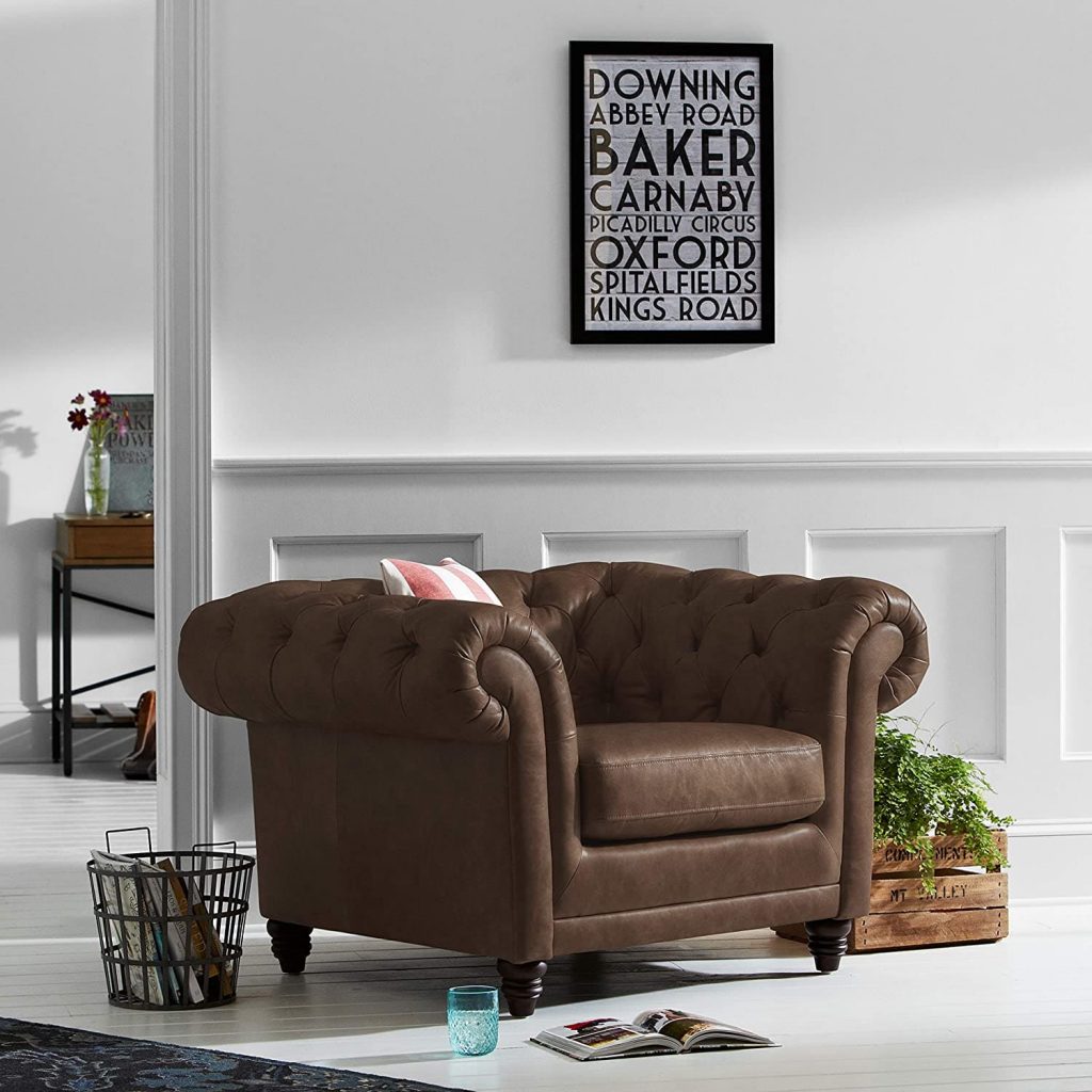 Chesterfield Tufted Brown Real Leather Armchair - modern leather accent chair